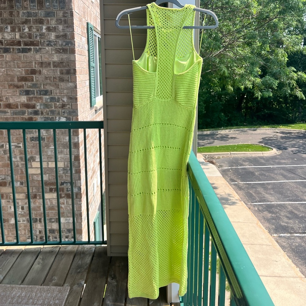 🆕Rachel Zoe Neon Lime Crochet Knit Maxi Dress Size S Boho Resort Beach Cover-Up - Picture 4 of 15